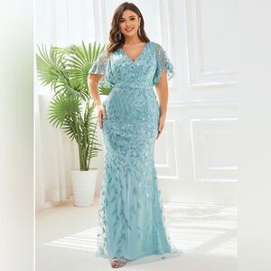🆕 Fashion Plus Size V Neck Mermaid Sequin & Tulle Evening Dress